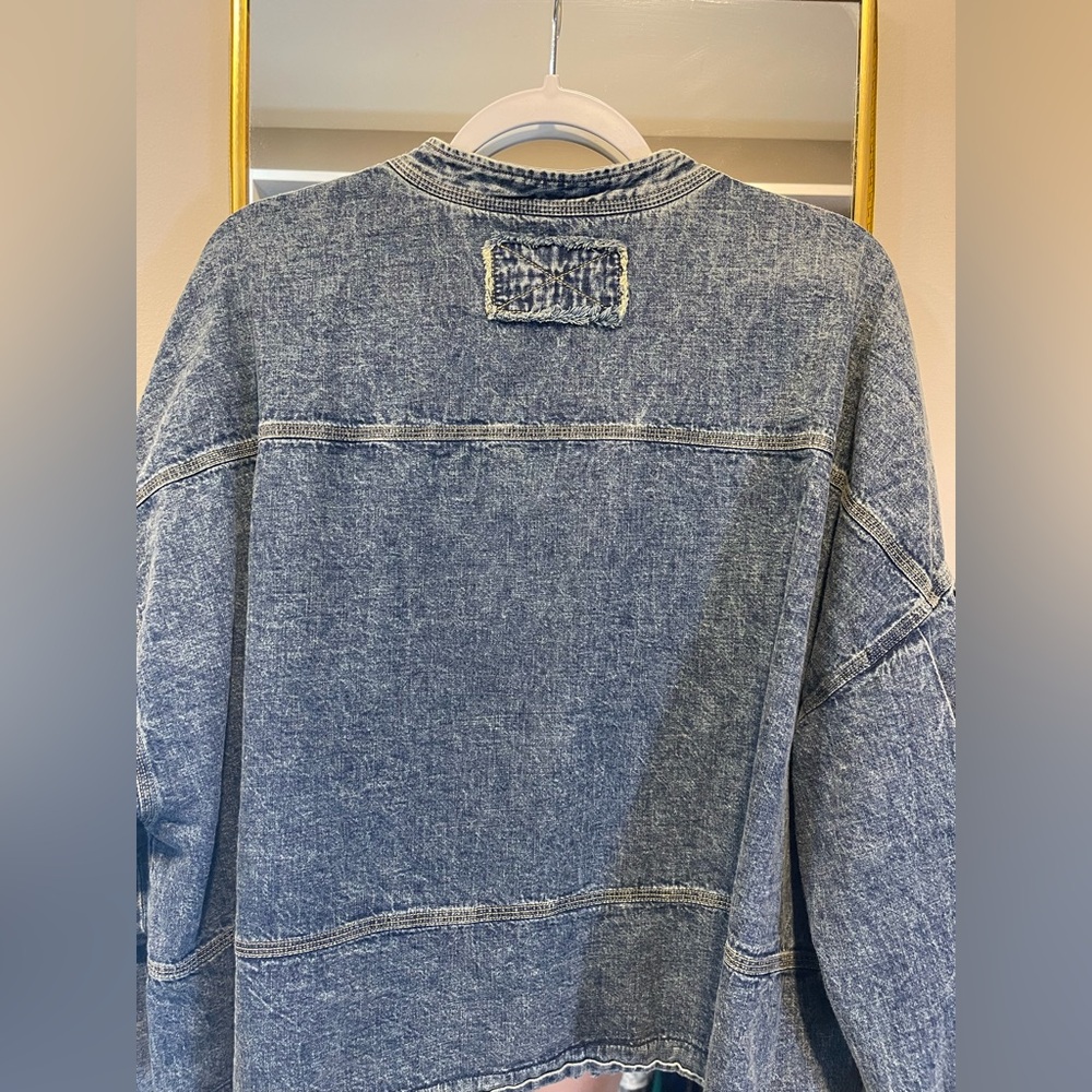 FREE PEOPLE Oversized Jade Blue Denim Top | Stylish Layering | Elevated Casual - Picture 9 of 16